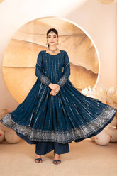 Pretty Blue Faux Blooming Work Anarkali Suit With Palazzo